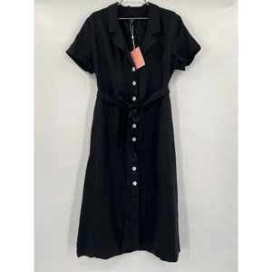 Quince Women Black Linen Button Front Dress XL Midi A-Line Belt Short Sleeve NWT